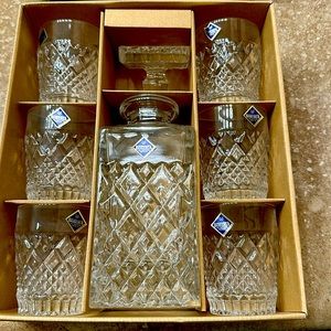 Bohemia brand full lead crystal Whiskey Decanter and and 6 glass set.